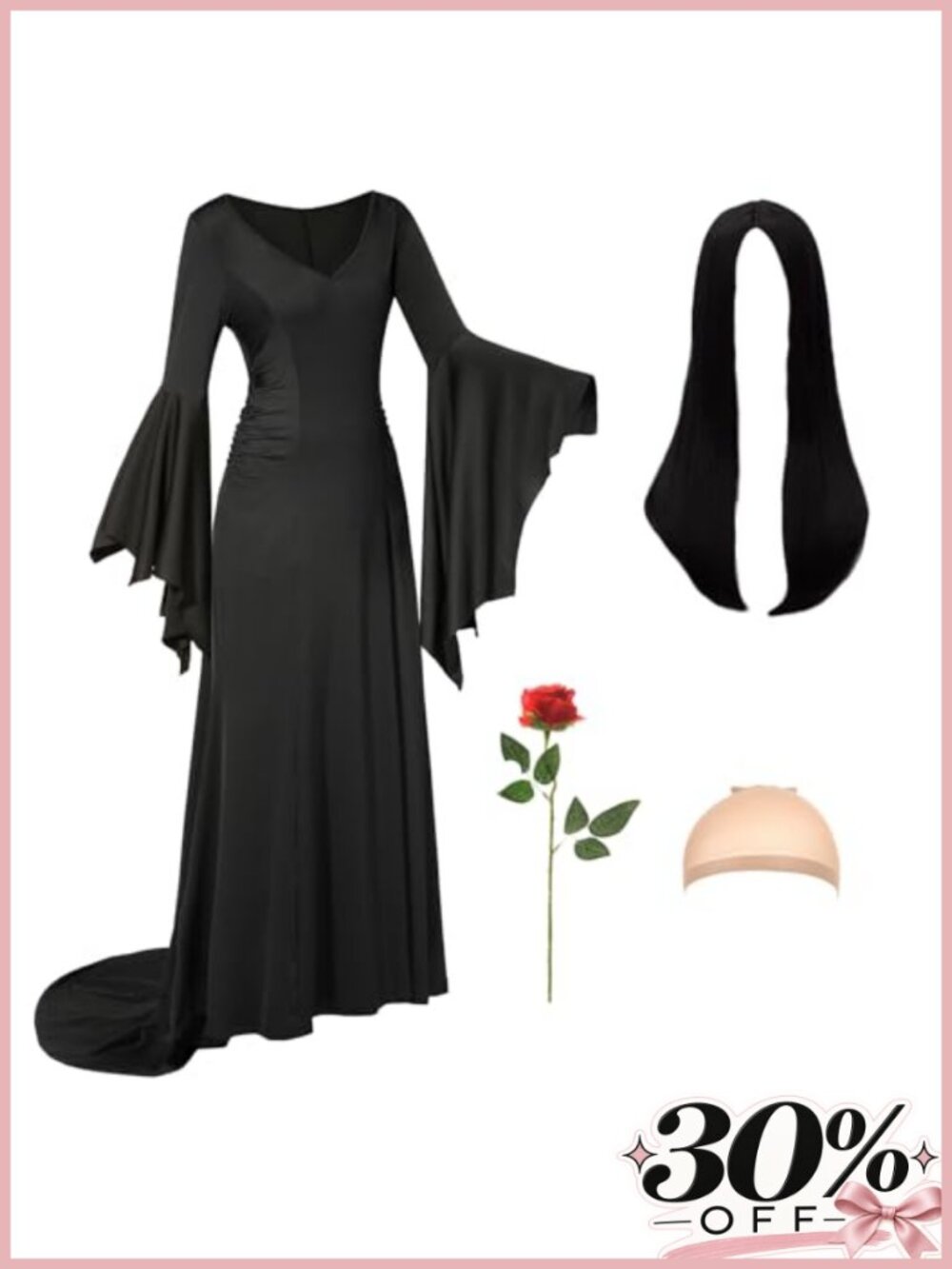 Women's Gothic Halloween Costume Dress with Wig and Rose Accessories